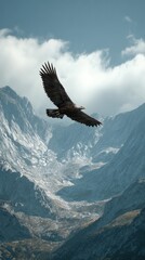 Fototapeta premium A bald eagle gracefully flies over a rugged mountain range on a clear day.