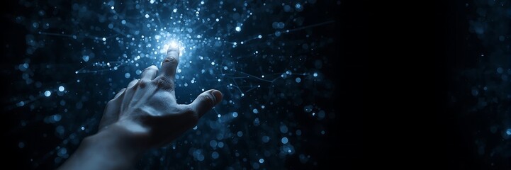 Fototapeta premium A hand reaching out to a network of glowing blue sparks, representing the interconnectedness of technology, data, and the potential of the digital age