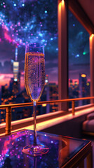 Luxury rooftop terrace with art deco skyline, glowing neon details, rainbow champagne bubbles, pulsating city windows, surreal night photography atmosphere