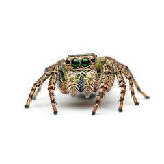 Fototapeta premium A close-up studio shot of a jumping spider with striking green eyes and detailed markings