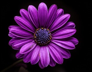 a vibrant purple daisy in full bloom against a black background