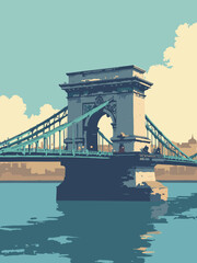 Obraz premium Budapest, Hungary – Chain Bridge-inspired iron arch with crown medallion and riverlight reflectors, stone plinth; palette: river navy, bridge bronze, limestone, lamp amber