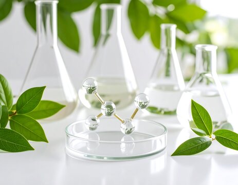 Scientific lab glassware with leaves and molecule model