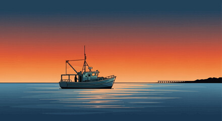 Obraz premium Tranquil twilight fishing boat illustration on calm ocean waterscape scenery