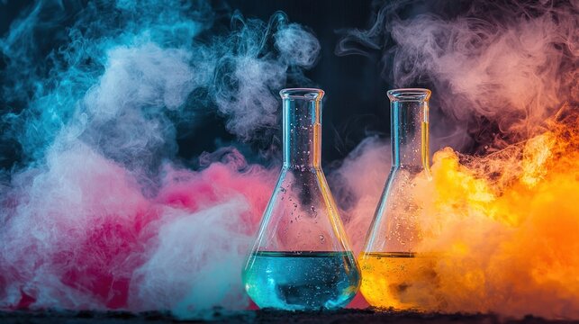 Two Erlenmeyer flasks with colorful smoke.