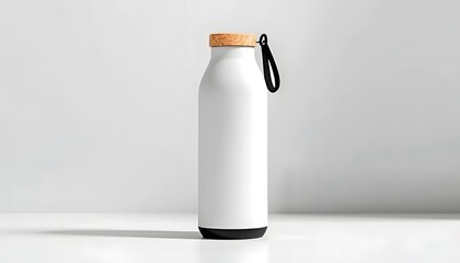 White Aluminum Water Bottle Mockup with Cork Top 