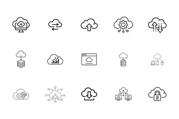 Cloud Computing Icon Array: A comprehensive array of vector-style icons represents cloud computing concepts and features, ideal for tech-related projects.