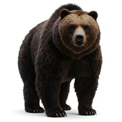 A majestic brown bear standing tall, displaying its impressive size and features. Its fur is a rich brown color, and it has a focused gaze
