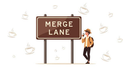 Obraz premium Traveler's Coffee Break Stop At Merge Lane Sign Illustration For Relaxation Time