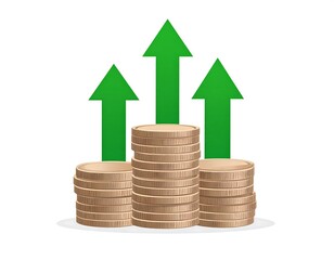 Stacks of coins with upward green arrows