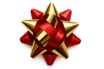 Red and gold christmas star shaped bow on transparent background