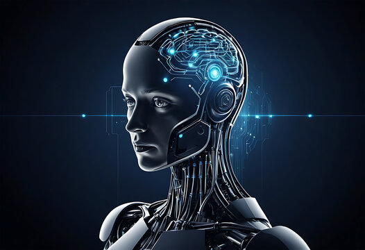 Futuristic humanoid robot with a realistic female face, cybernetic details, and illuminated circuits on the head and neck, symbolizing artificial intelligence and advanced technology circuitry.