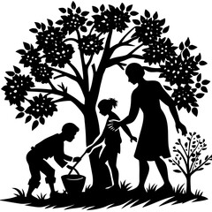 Silhouette of a Family Planting a Tree – Unity and Nature Conservation Concept