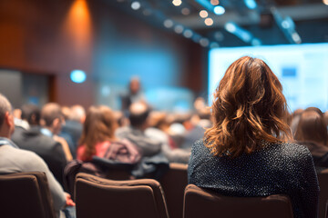Adult people at conferencelisten to woman speaker prviding lecture on scene inbig conference hall. Businss and Entrepreneurship cocept. Audience at the confrence hall.