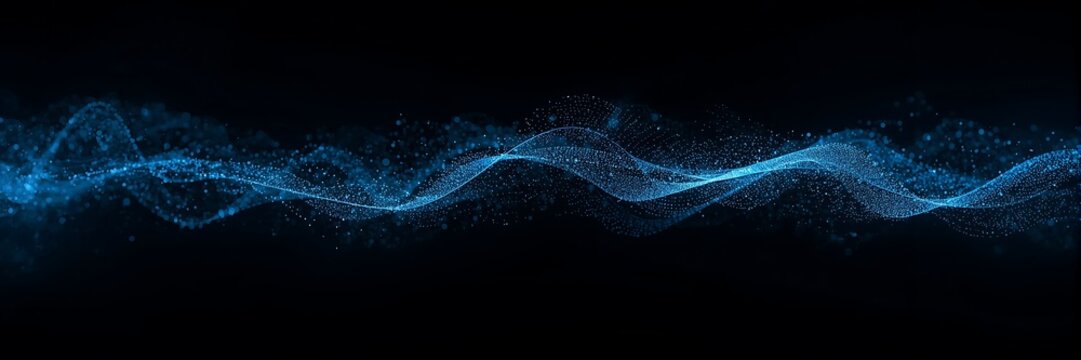 Abstract blue particle wave flowing on black background, representing futuristic technology, data stream, and dynamic energy with glowing sparks and light effects - Powered by Adobe