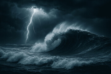 Fototapeta premium Dramatic Thunderstorm Over the Ocean with Lightning
