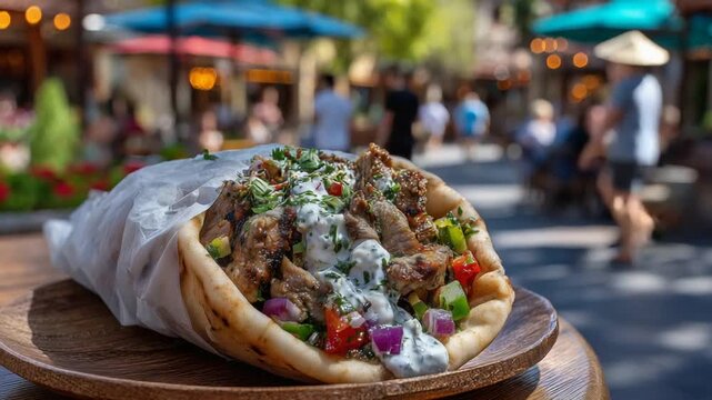 Savor a sunlit outdoor cafe experience with a hand-held gyro featuring seasoned lamb, fresh veggies, and rich sauce.