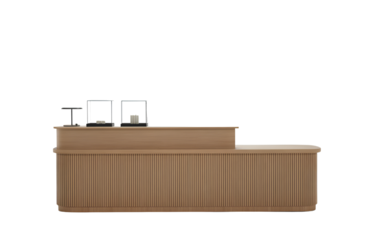 Modern Wooden Retail Counter with Display Cases reception desk isolated on a transparent background