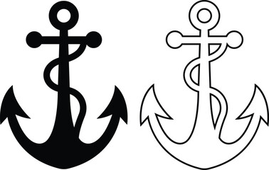 Anchor icons set in black flat and outline vectors designs, nautical marine navy boat ship yacht cruise dock harbor sailing emblem symbols illustration collection isolated on transparent background.