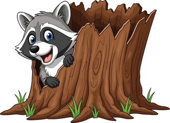 Cartoon raccoon in tree stump, cheerful forest scene, blue eyes, brown wood texture, green grass, playful animal character, vector illustration, animated, cute, stylized, isolated, ©  BAKKOR
