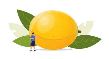 Tiny Man Standing By Gigantic Peach Fruit Freshness Harvest Sweet Summer