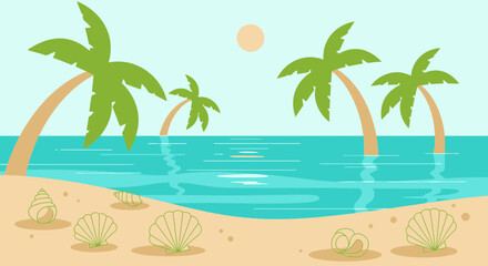 Fototapeta premium Tropical Island Beach With Palm Trees And Seashells In Flat Design Style
