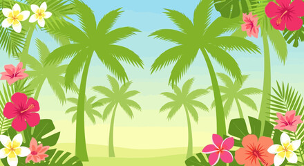 Tropical Paradise Frame With Palm Trees And Vibrant Hibiscus Flowers Scene
