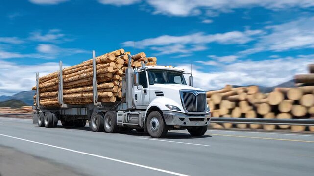 A robust timber truck loaded with pine logs travels a highway, highlighting large-scale wood harvesting and export.