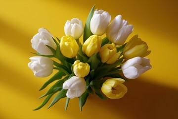 Fototapeta premium Elegant white and yellow tulips arrangement on vibrant yellow background