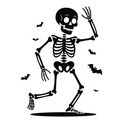 Dancing Skeleton Silhouette Illustration with Bats for Halloween and Fun Designs