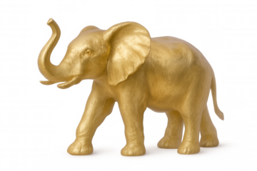 Golden elephant statue striding confidently, trunk lifted high, symbolizing wealth and success against transparent backdrop