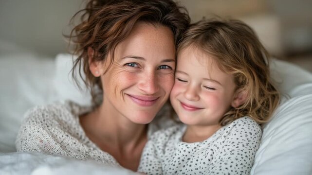 Joyful mother and daughter share a loving nose touch in a sunlit bedroom, creating a peaceful, cozy atmosphere.