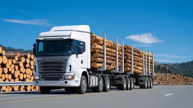 A robust timber truck transports pine logs on a highway, highlighting large-scale wood harvesting and export under a clear blue sky.