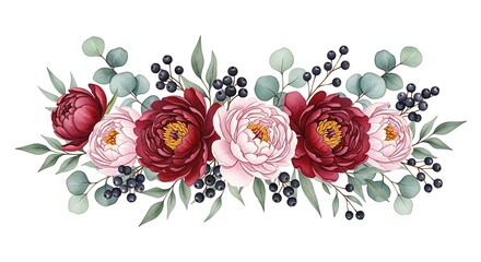 Elegant burgundy and pink peony floral arrangement with berries and eucalyptus leaves