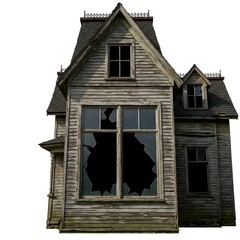 An old, weathered house with broken windows creating an eerie, atmospheric scene. The wooden structure displays a sense of decay, evoking a spooky or haunted feeling