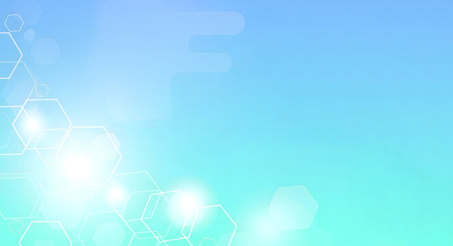 Vibrant abstract blue and green background with glowing hexagons. This modern digital image represents concepts of technology, science, and innovation