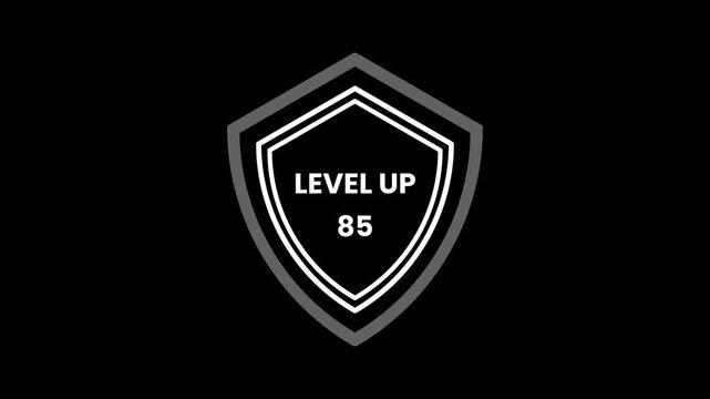 A white shield for showing gaming level up and eighty four levels on a black background, simple and minimal video