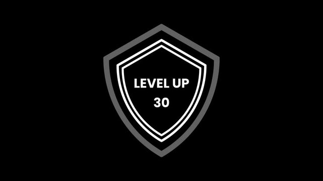 A white shield icon for showing gaming level up and thirty levels on a black background, simple and minimal video