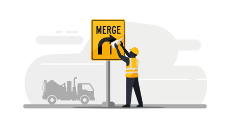 Traffic Worker Maintaining Merge Sign For Road Safety And Smooth Traffic Flow