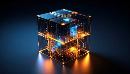 Abstract glowing cube with internal circuitry and blue light