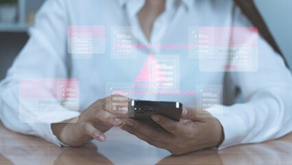 People using a smartphone with red warning interface overlays, indicating a cyber threat, hacking alert, or data breach risk.