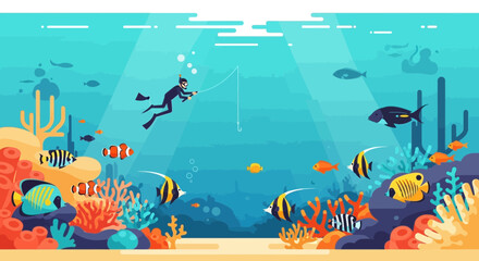 Fototapeta premium Underwater Angler Diver With Colorful Fish And Vibrant Coral Reef Scene