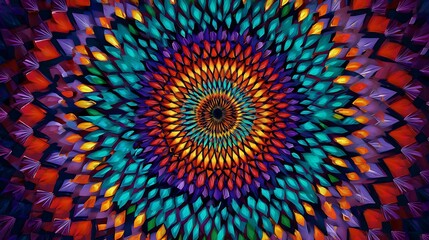 Colorful, symmetrical, radiating pattern design.