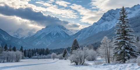Winter Mountain Landscape Snow-Covered Valley with Majestic Peaks, Wide Angle Composition, 4k Resolution. Winter wonderland, snowscape Winter mountain, snow, landscape photography