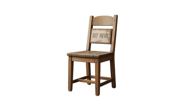 Wooden Chair with Sit Here Sign: A rustic wooden chair, inviting viewers to relax.  The inscription Sit Here beckons to an observer to relax, offering a charming image of ease and invitation.