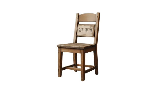 Wooden Chair with Sit Here Sign: A rustic wooden chair, inviting viewers to relax.  The inscription Sit Here beckons to an observer to relax, offering a charming image of ease and invitation.
