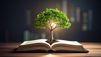 Tree growing from an open book symbolizing knowledge and growth