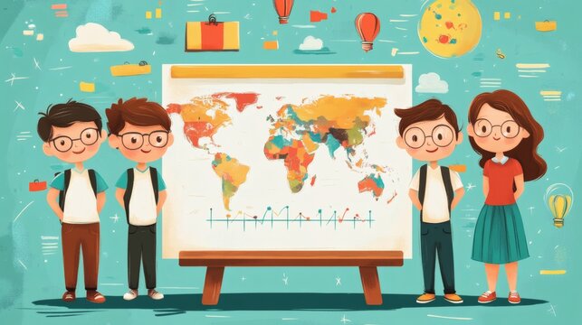 Four children stand proudly before a world map, showcasing global learning and collaboration.