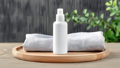 White Cosmetic Bottle on Wooden Tray with Linen Cloth 