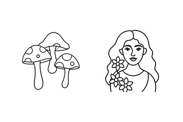 Woman with flowers and mushrooms nature drawing